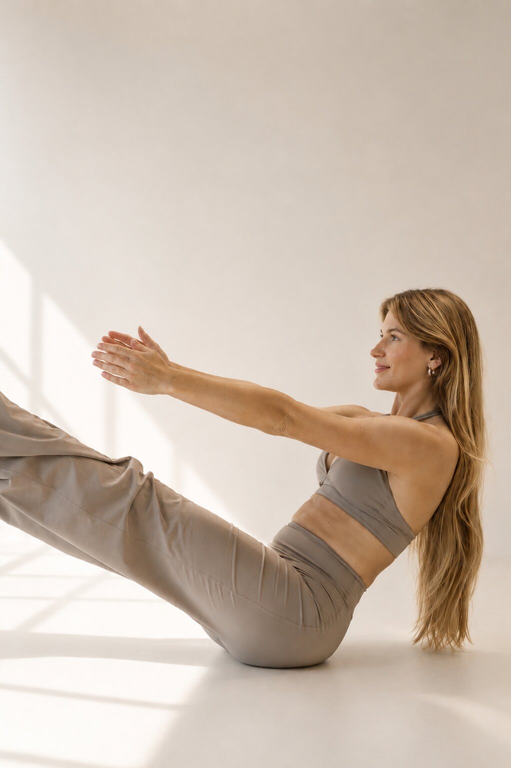 Tapis de Pilates roulés et empilés sur un banc de bois